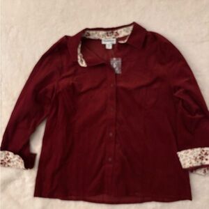 Red Button-Up Shirt with Floral Trim North Style 1X